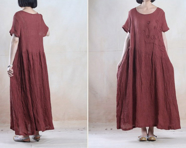 Linen Dress Plus Size Robe Long Dress Maxi Robe Embroidery Dress Short ...